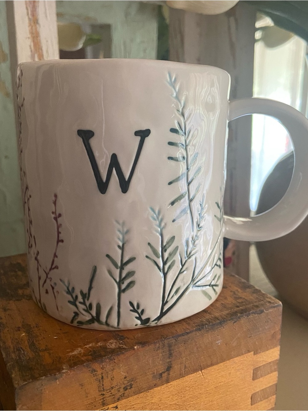 Anthropologie Dagny Monogram Letter W Mug Coffee Cup Hand Painted Botanical